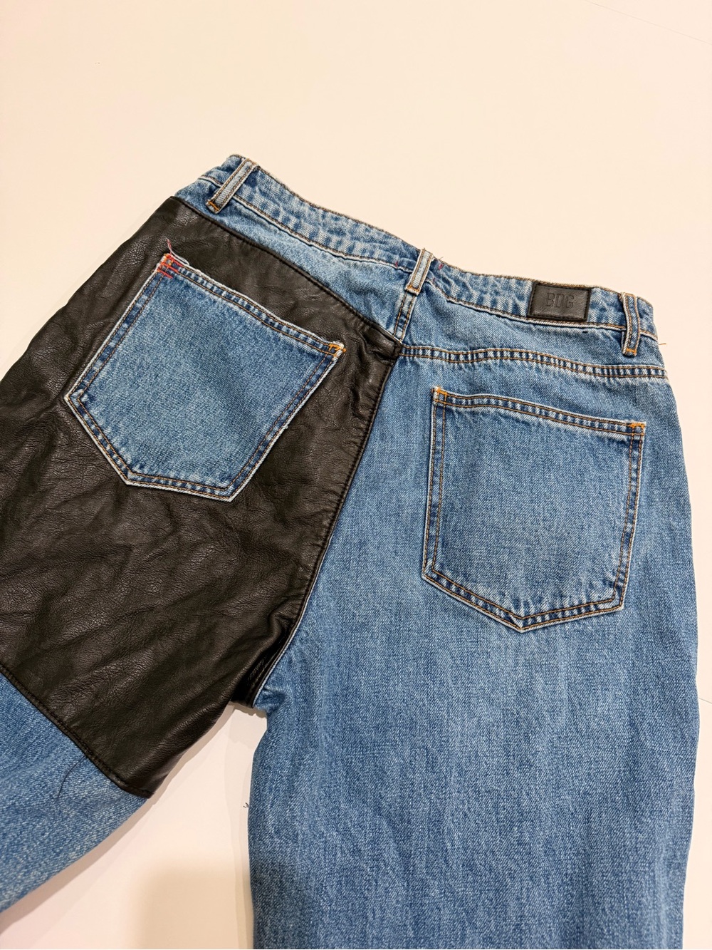 BDG Urban Outfitters Blue Denim Jeans with Black Leather mom high-rise - Picture 3 of 5